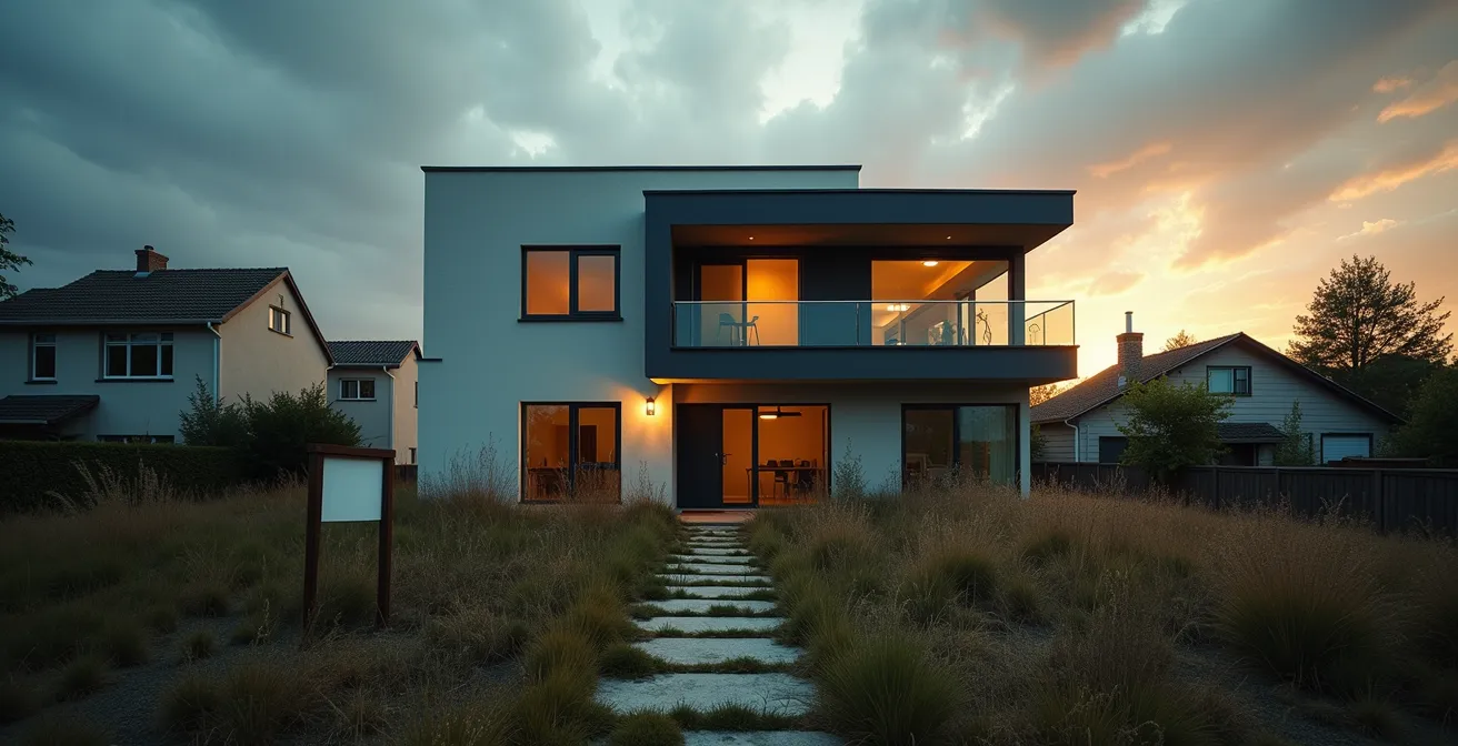 Panneau de vente devant une maison avec extension, ambiance sombre suggérant les difficultés de transaction