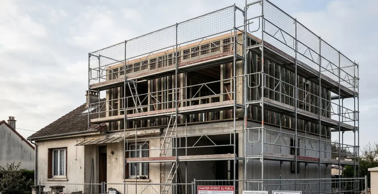 Chantier de surélévation d'une maison individuelle montrant la structure du nouvel étage en cours de montage avec échafaudages professionnels, illustrant la complexité technique de ce type d'extension verticale