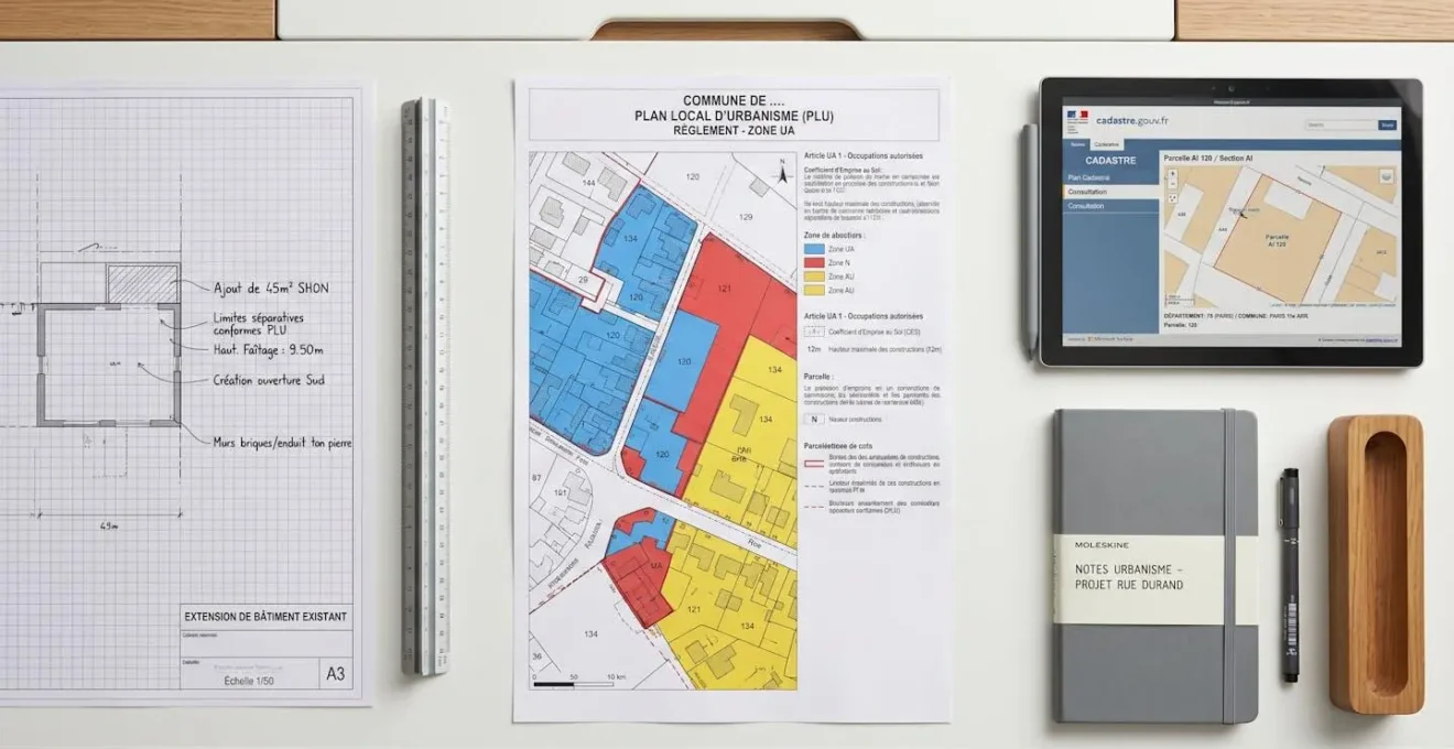 Vue de dessus d'une table de travail professionnelle avec documents PLU, plans d'extension architecturaux annotés et tablette affichant le cadastre, illustrant la phase cruciale de vérification réglementaire avant choix du type d'extension