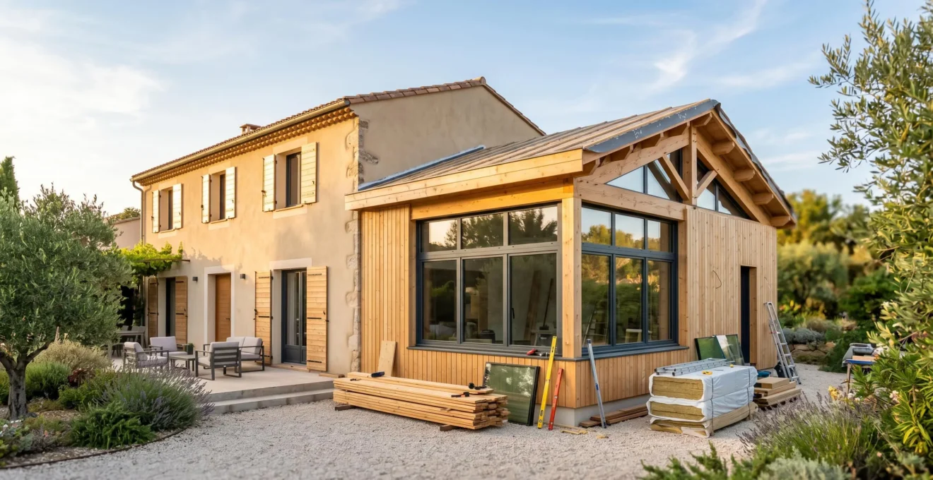 Vue extérieure d'une maison individuelle française avec extension latérale en cours de finition, montrant l'harmonie architecturale entre bâti existant et agrandissement récent en ossature bois et baies vitrées modernes