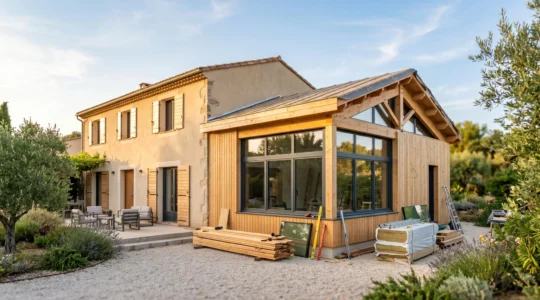 Vue extérieure d'une maison individuelle française avec extension latérale en cours de finition, montrant l'harmonie architecturale entre bâti existant et agrandissement récent en ossature bois et baies vitrées modernes
