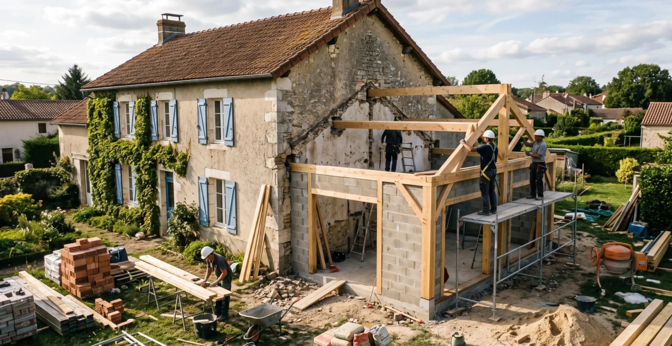 Extension horizontale en construction, structure adjacente au bâtiment existant