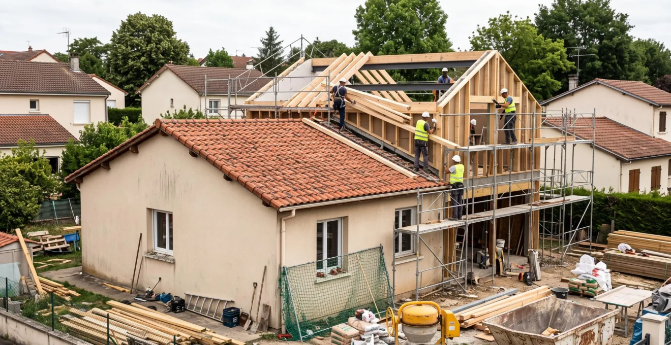 Chantier de surélévation avec structure du nouvel étage en construction
