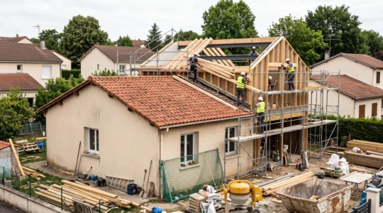 Chantier de surélévation avec structure du nouvel étage en construction